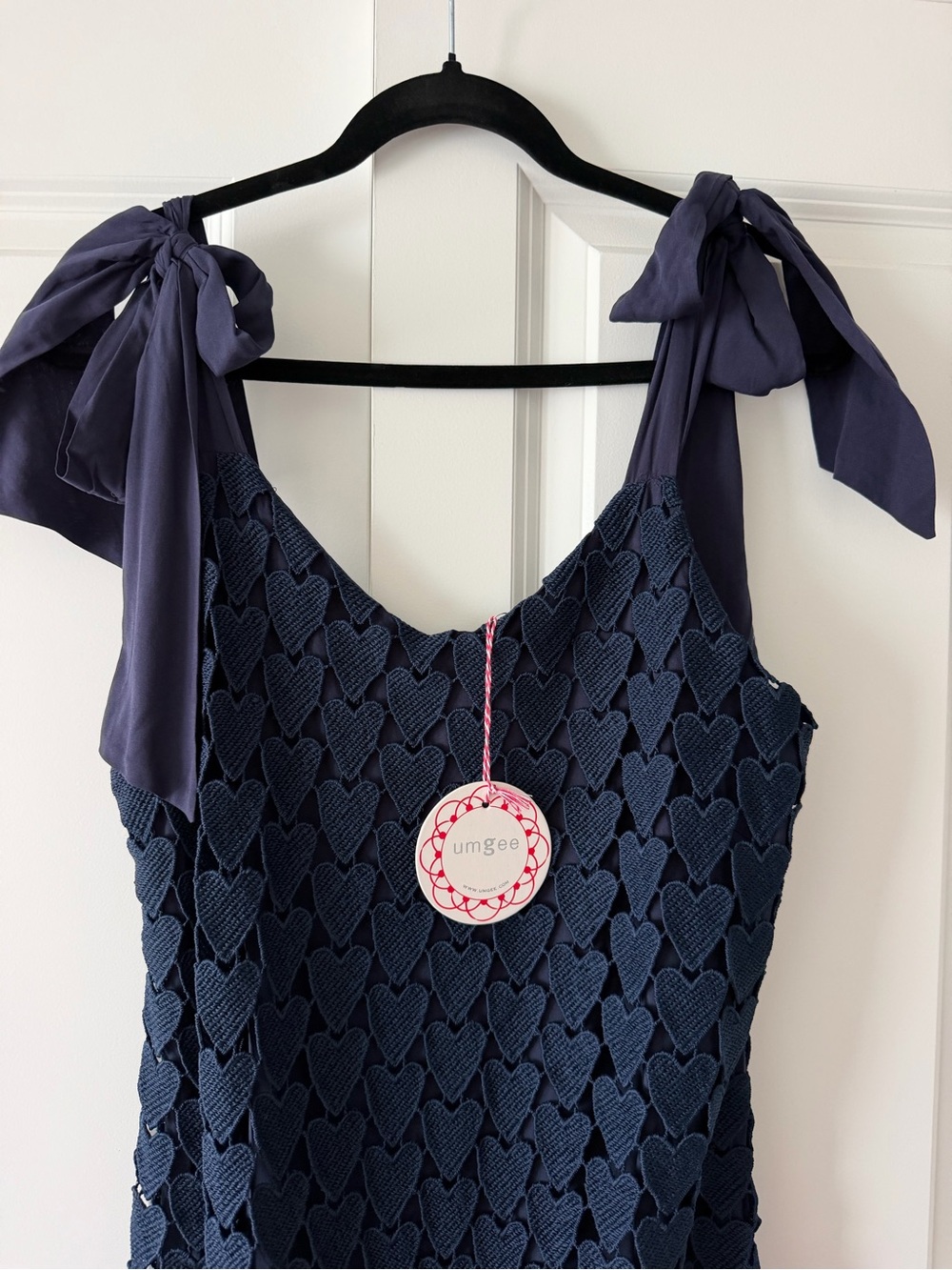 Umgee Navy Heart Shaped Crochet Fringe Maxi Dress Medium Tie Shoulder NWT Boho - Picture 6 of 15